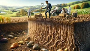 EU Tilth and Soil Science A close up photorealistic illustration showcasing tilth and soil health in Europe. The scene focuses on soil with a fine, crumbly texture, rich in nut (1)